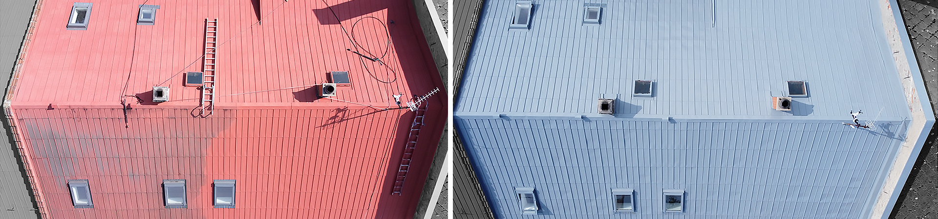Natřená střecha v Olomouci, rozdíl před a po