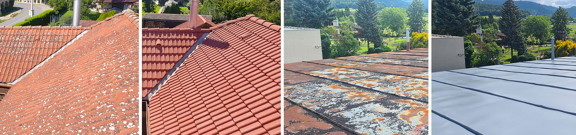 Rozdíl mezi vyčištěnou a znečištěnou střechou a rozdíl mezi rezavou a natřenou střechou