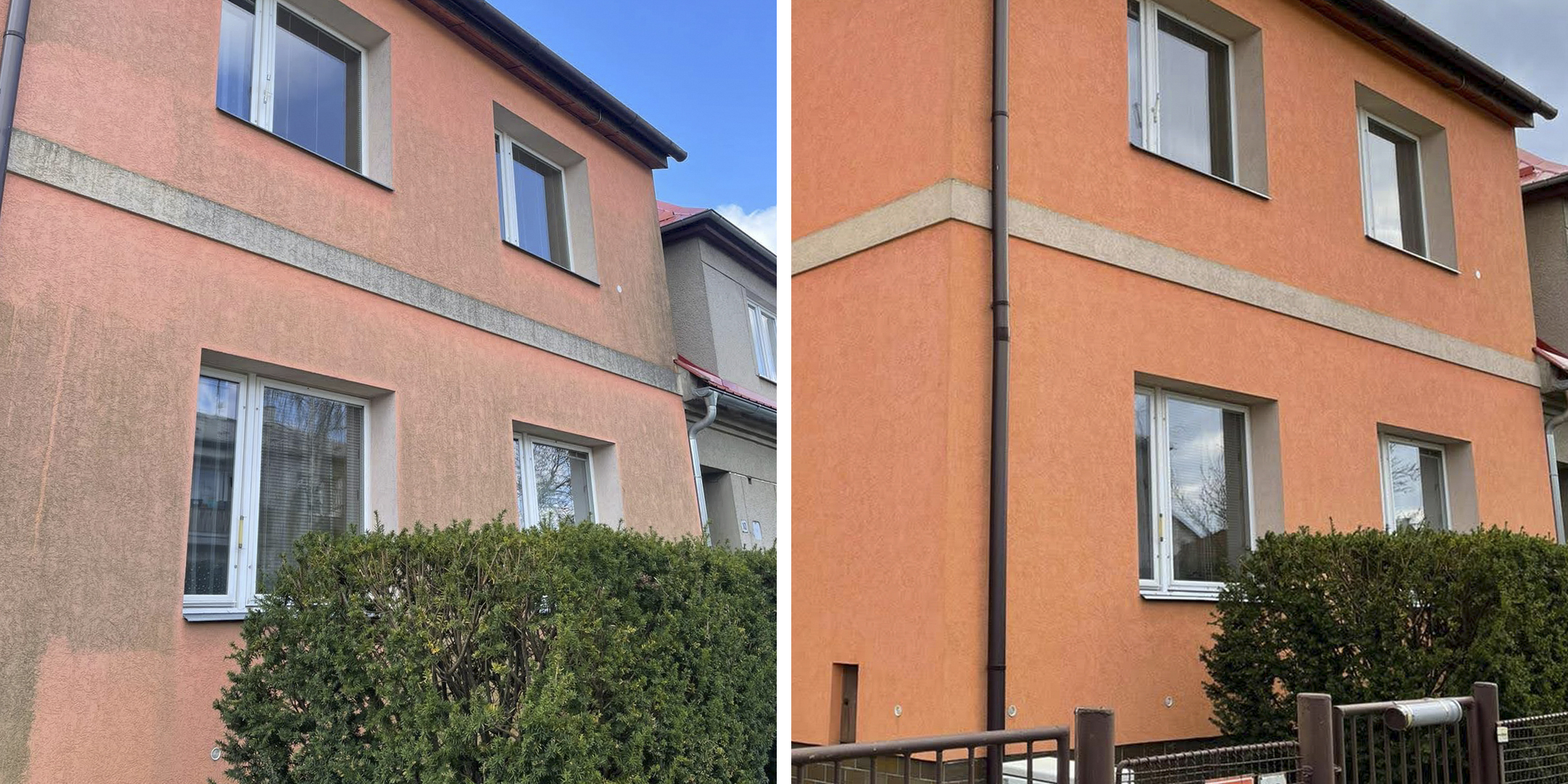 čištění fasády oranžového rodinného domu v Olomouci - Kolora Olomouc